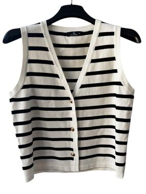 Striped Sweater Cardigan Sleeveless White Black Knit Top Gold Buttons XL